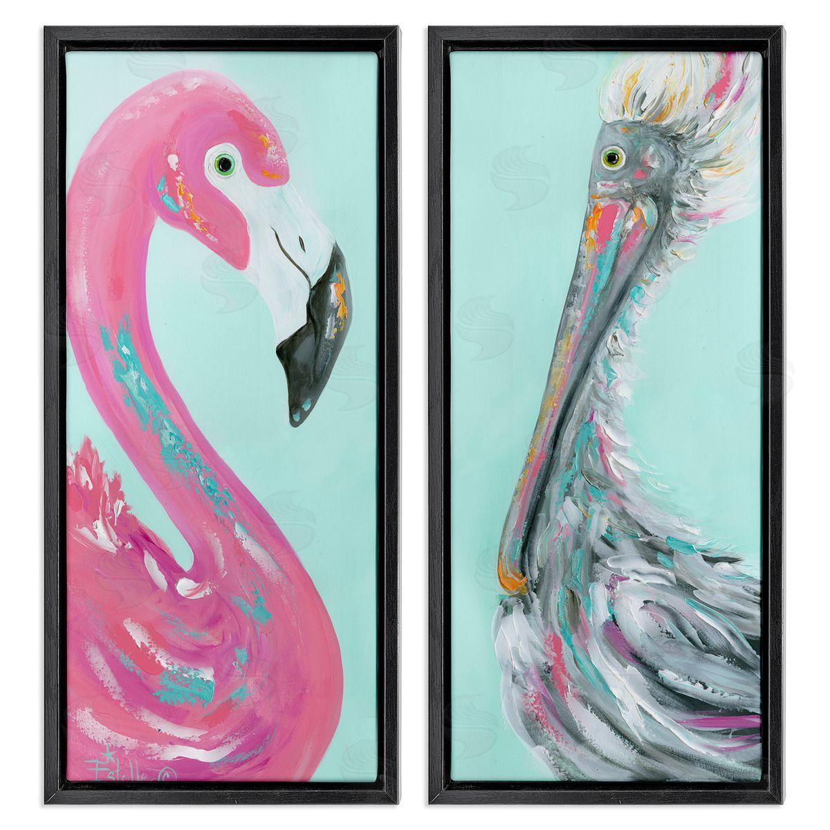 Estelle Grengs Odd Flamingo Pelican Profile Black Floating Frame Canvas Wall Art Print