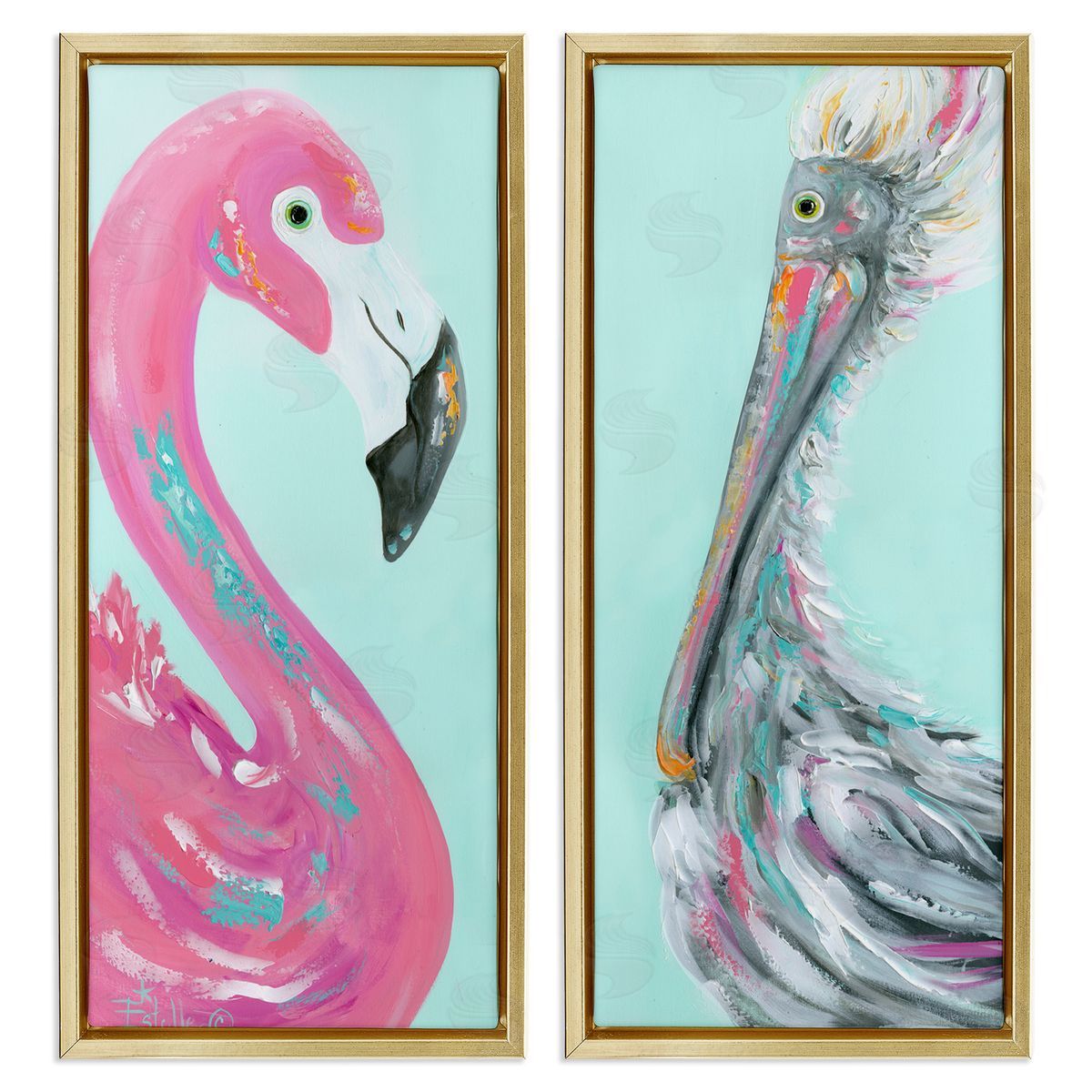 Estelle Grengs Odd Flamingo Pelican Profile Gold Floating Frame Canvas Wall Art Print