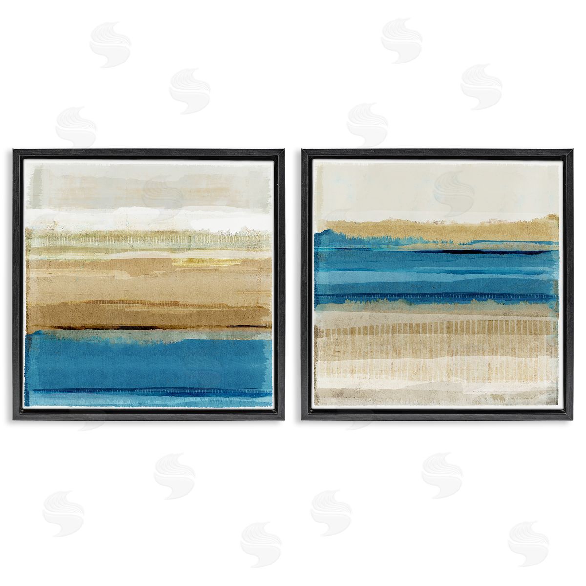 Flora Kouta Blue Gold Daze Striped Abstract  Black Floating Frame Canvas Wall Art Print