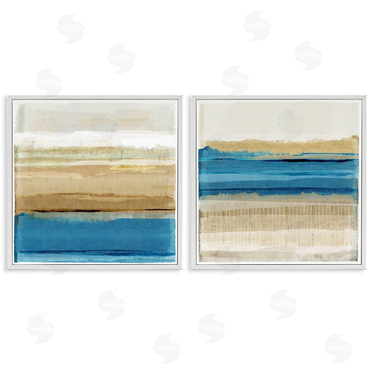 Flora Kouta Blue Gold Daze Striped Abstract  White Framed Giclee Wall Art Print