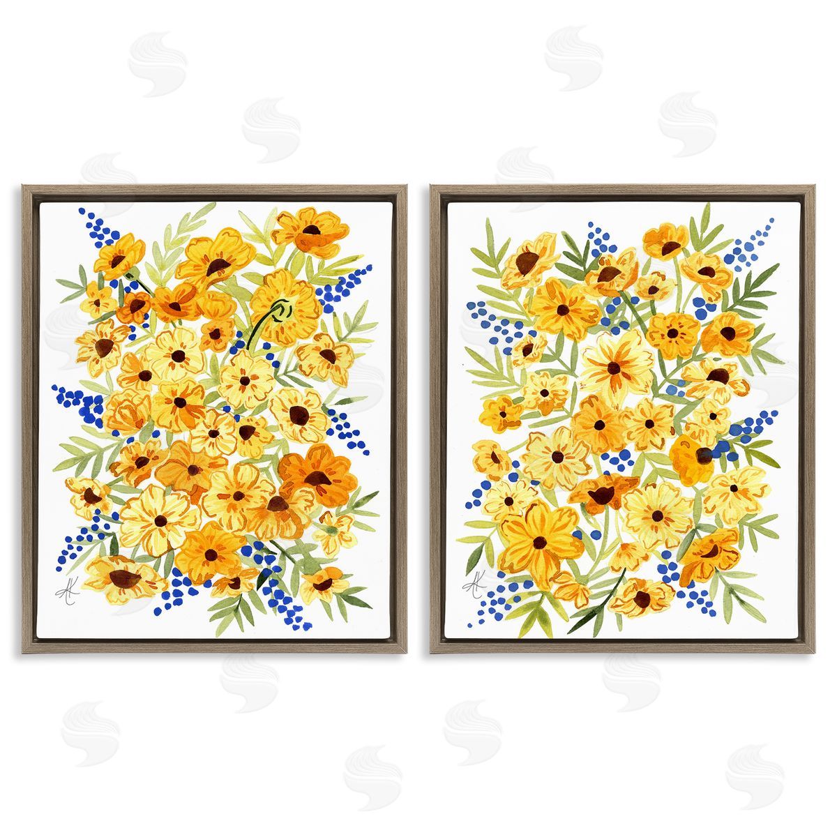 Alexandria Gilbert Kincaid Golden Cosmos with Blue Berries Brown Floating Frame Canvas Wall Art Print