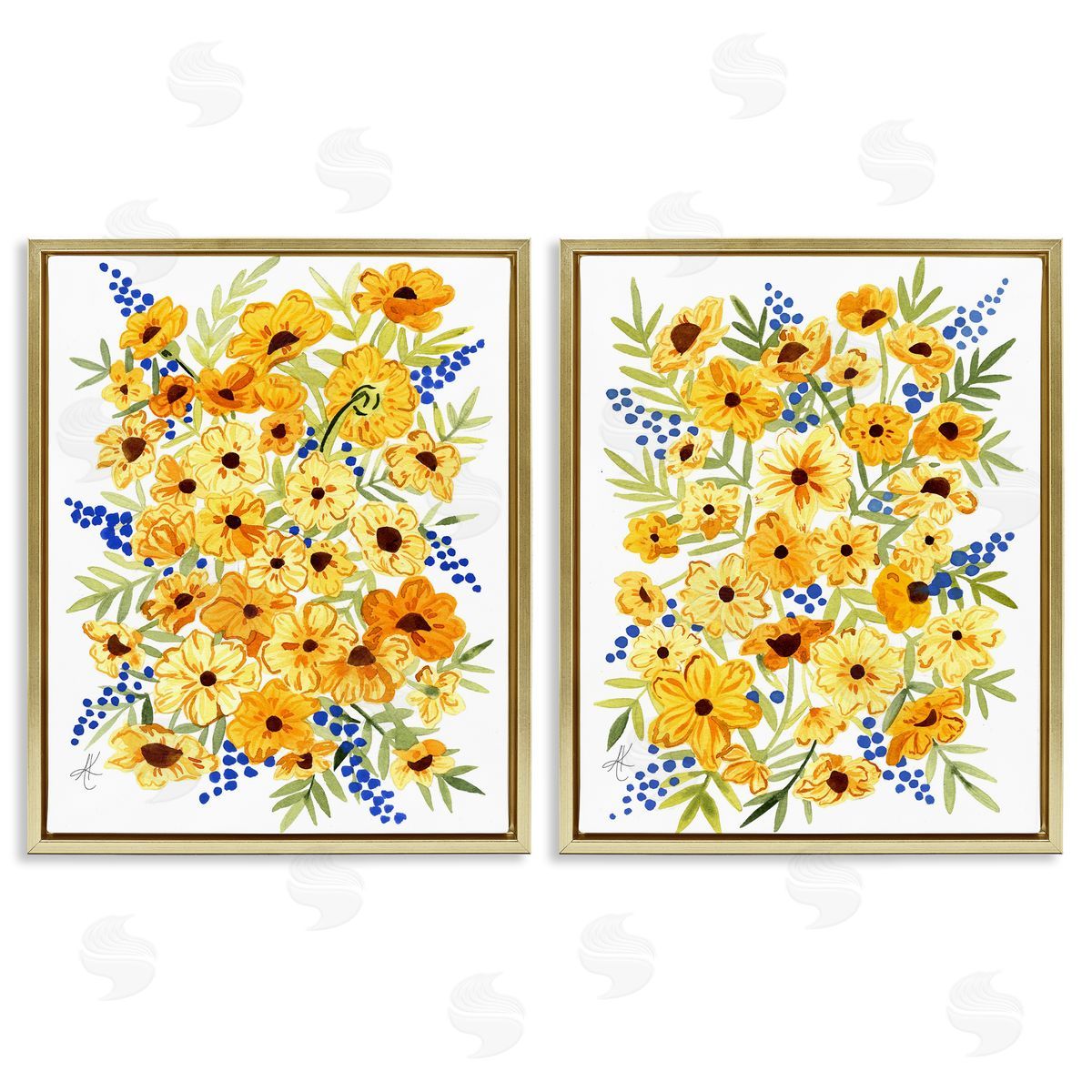 Alexandria Gilbert Kincaid Golden Cosmos with Blue Berries Gold Floating Frame Canvas Wall Art Print