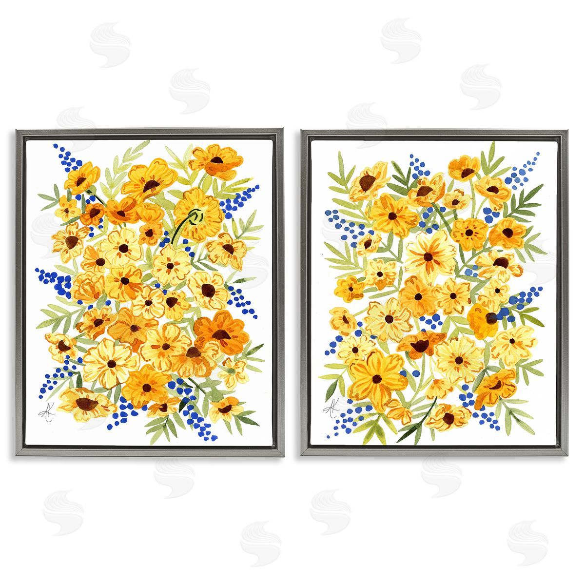 Alexandria Gilbert Kincaid Golden Cosmos with Blue Berries Gray Floating Frame Canvas Wall Art Print