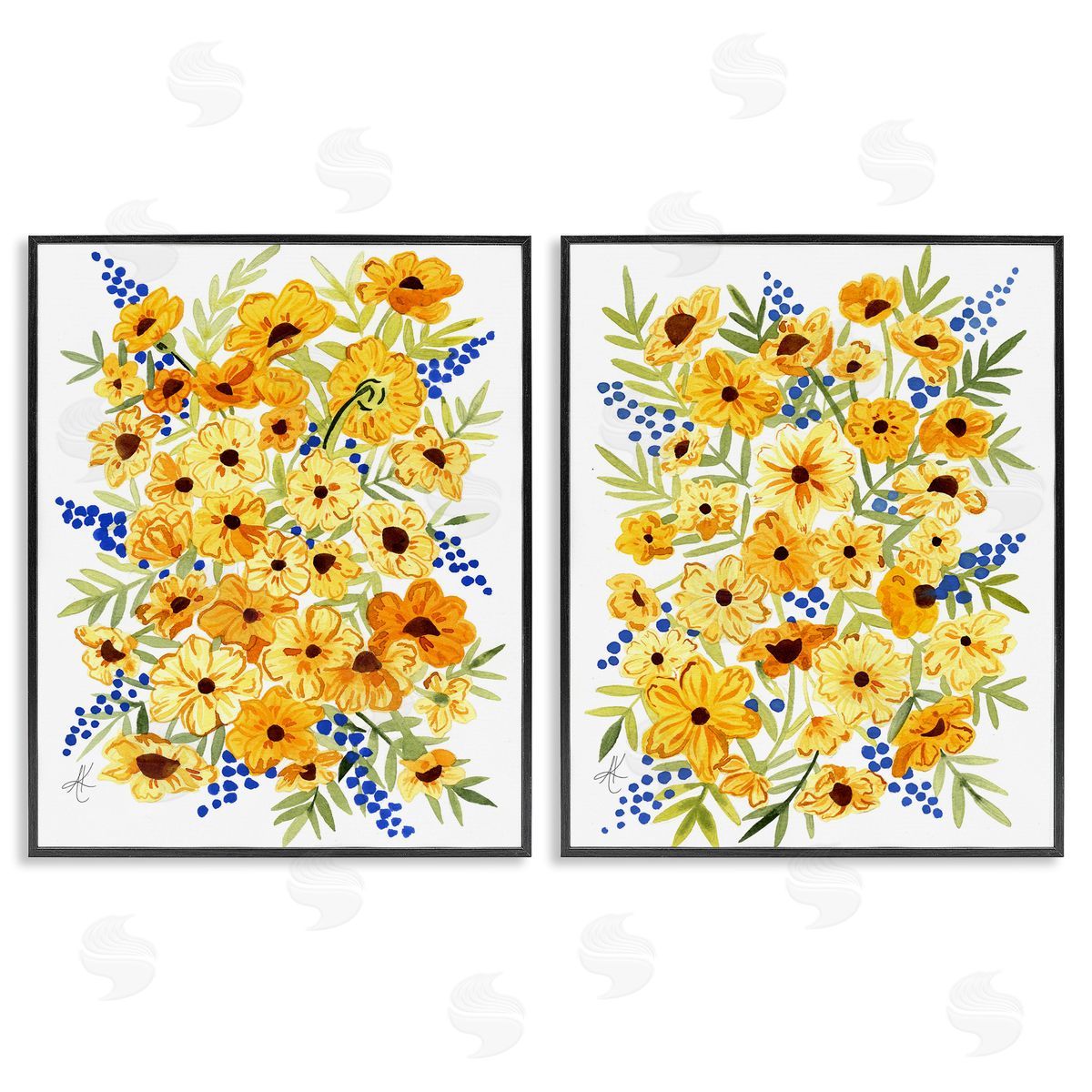 Alexandria Gilbert Kincaid Golden Cosmos with Blue Berries Black Framed Giclee Wall Art Print