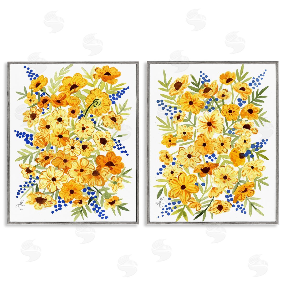 Alexandria Gilbert Kincaid Golden Cosmos with Blue Berries Gray Framed Giclee Wall Art Print