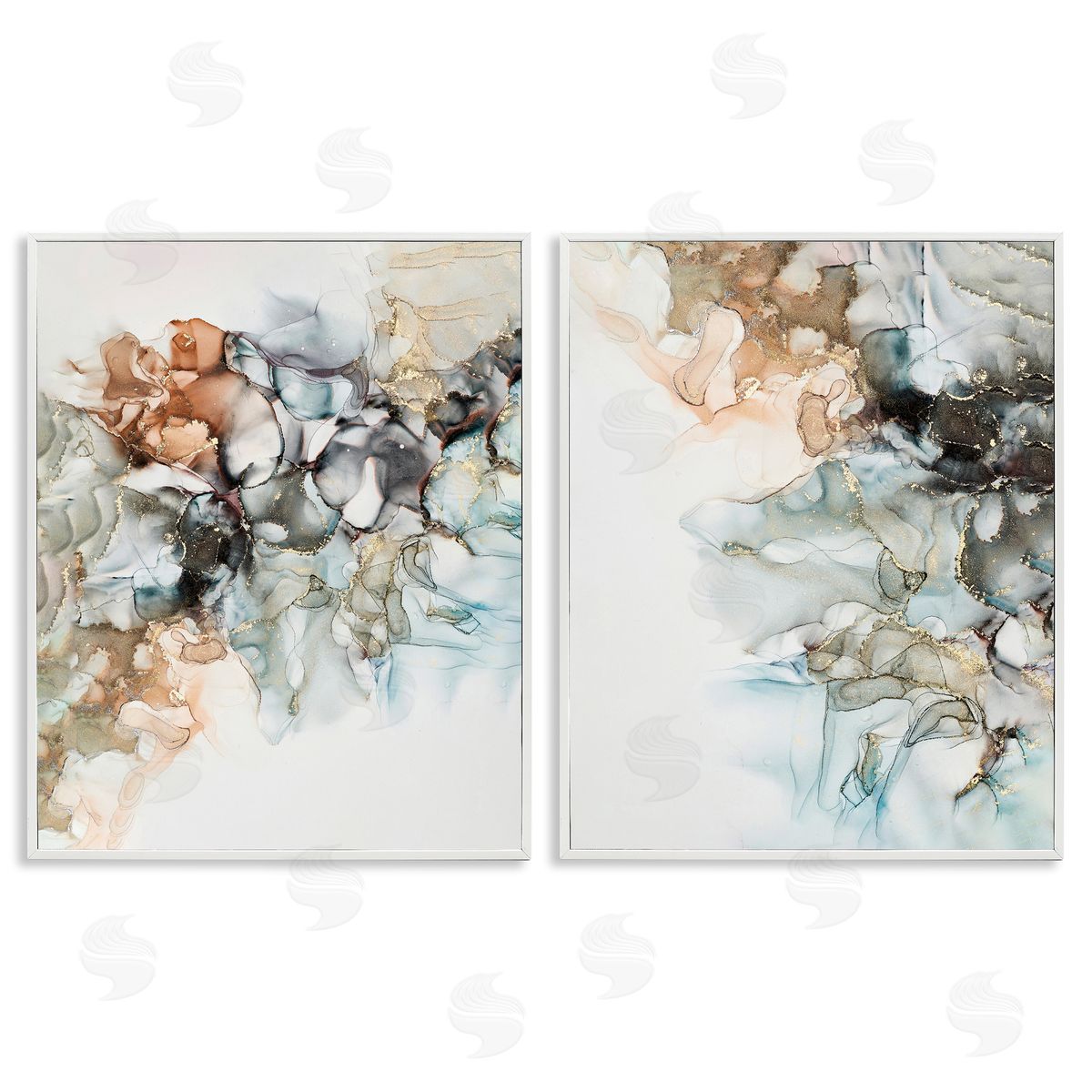 Incado Abstract Alcohol Ink Blue Copper  White Framed Giclee Wall Art Print
