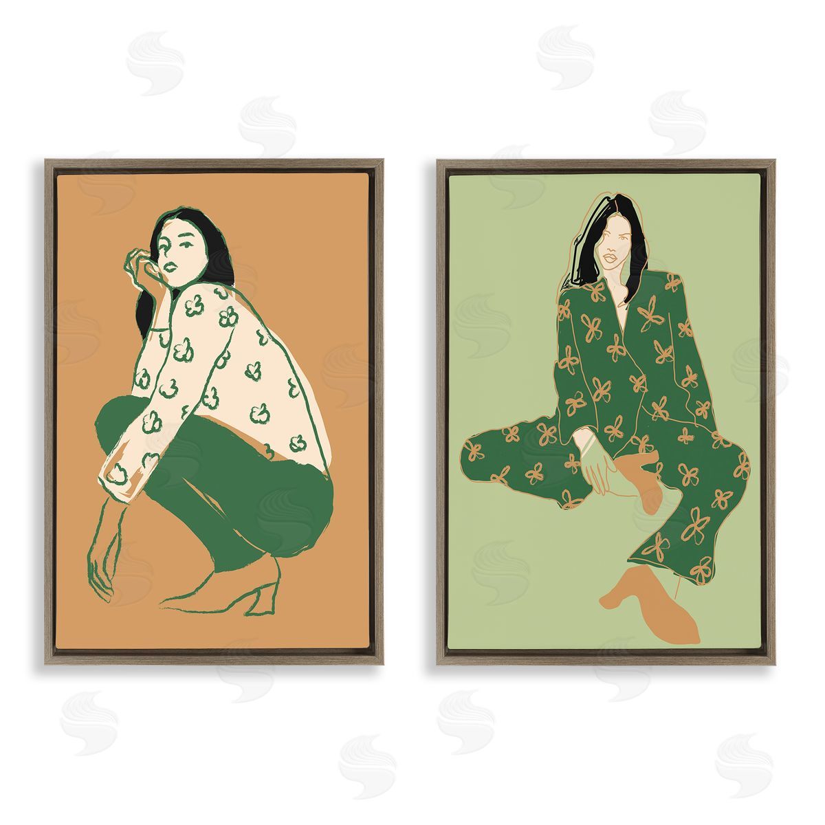 Incado Woman Stooping Sitting Pose Brown Floating Frame Canvas Wall Art Print
