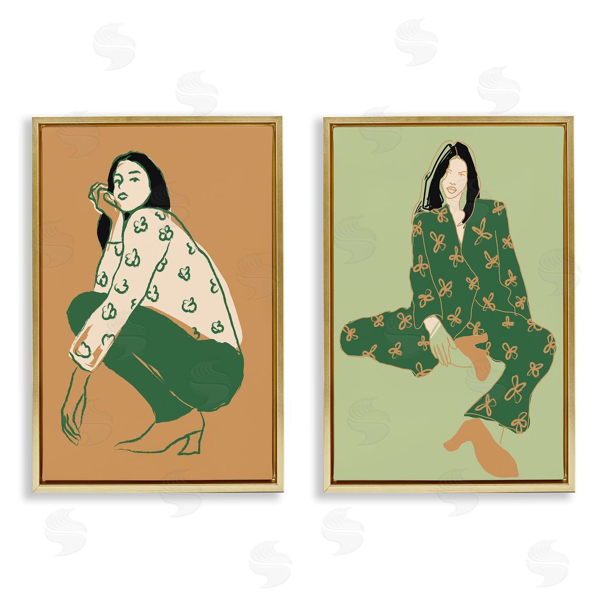 Incado Woman Stooping Sitting Pose Gold Floating Frame Canvas Wall Art Print
