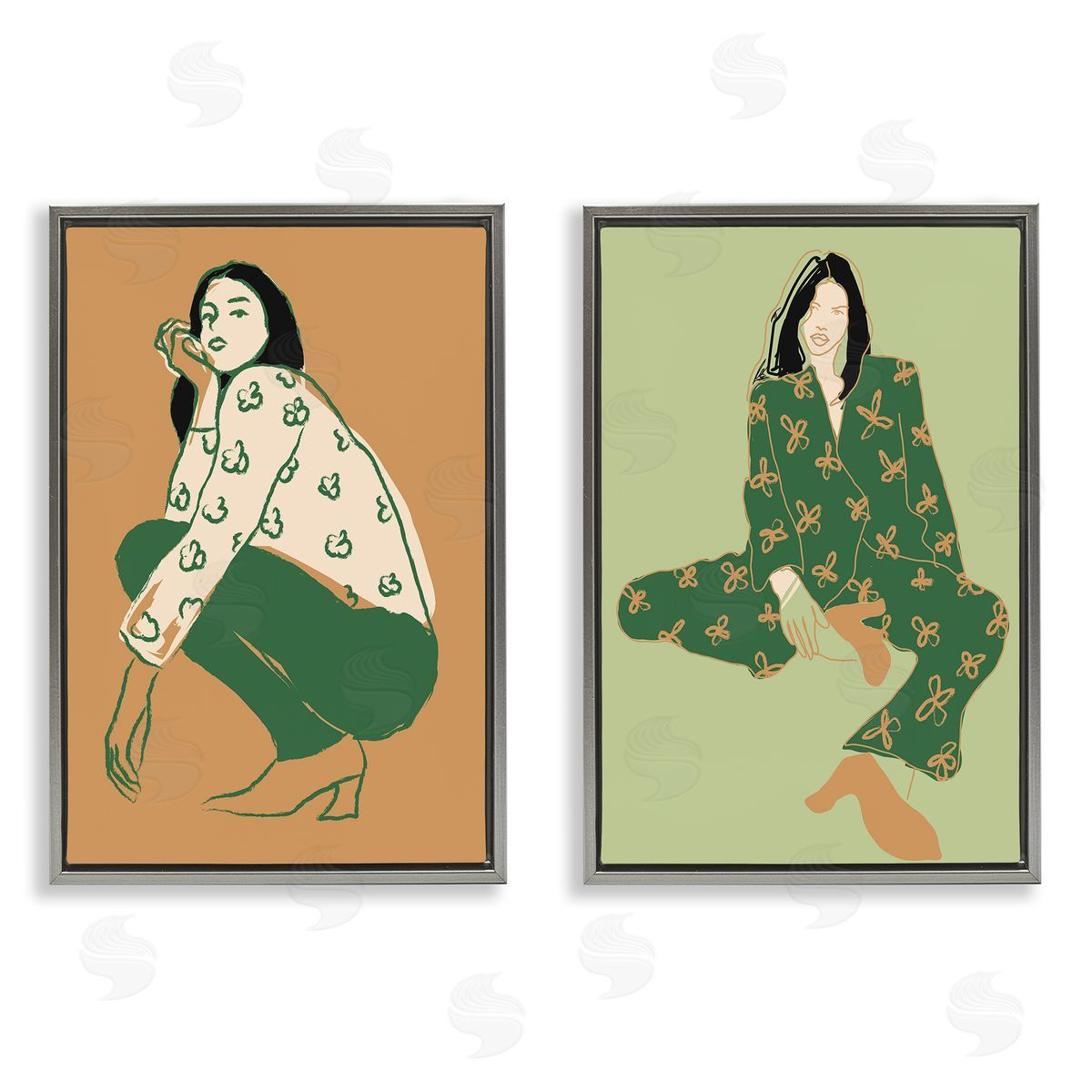 Incado Woman Stooping Sitting Pose Gray Floating Frame Canvas Wall Art Print