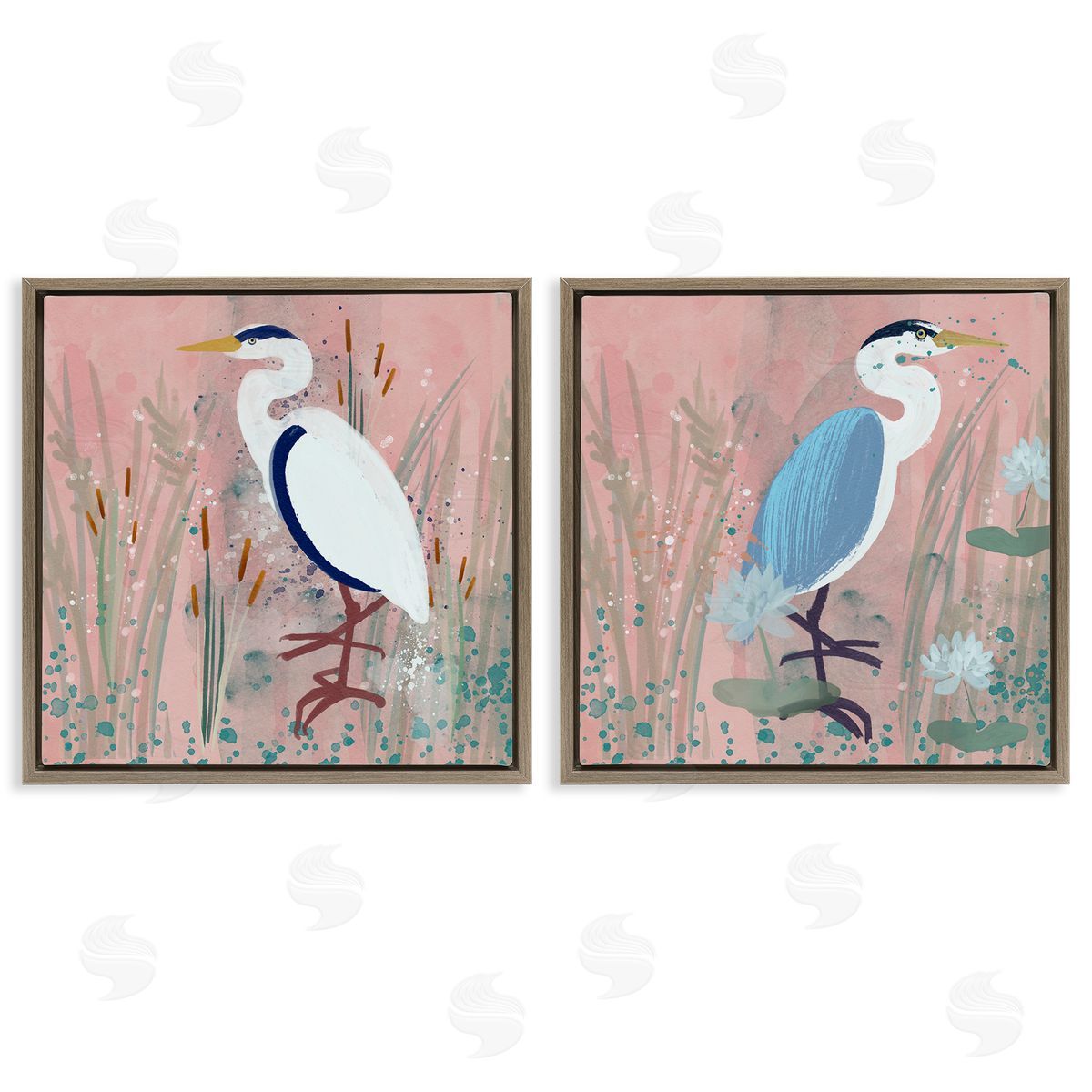 Juliet Rose Philips Blue Heron Egret Cattail Marsh Brown Floating Frame Canvas Wall Art Print