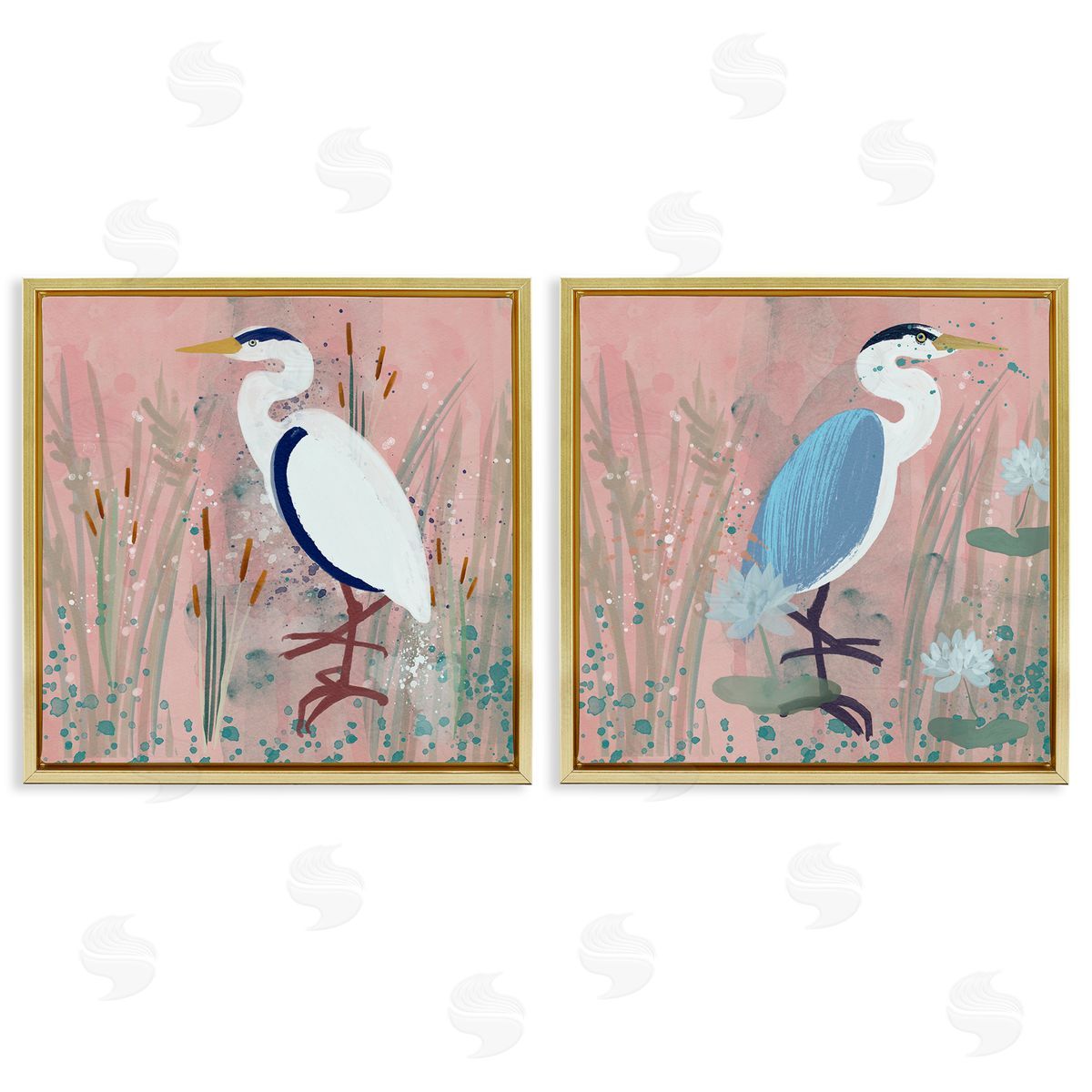 Juliet Rose Philips Blue Heron Egret Cattail Marsh Gold Floating Frame Canvas Wall Art Print