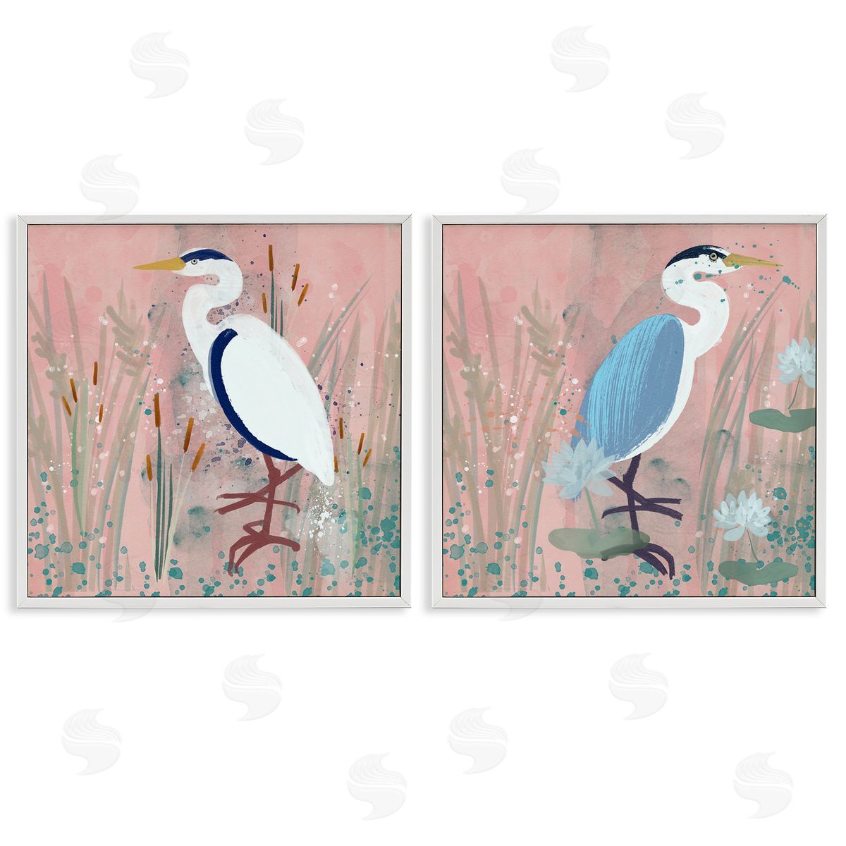 Juliet Rose Philips Blue Heron Egret Cattail Marsh White Framed Giclee Wall Art Print