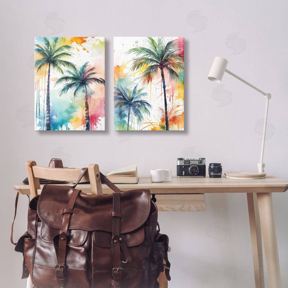 Kim Allen Watercolor Splash Towering Palms Canvas Wall Art Print in Room