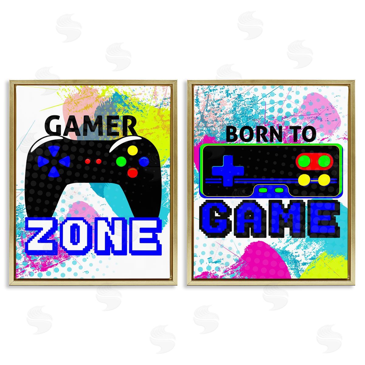 Kim Allen Gamer Zone Splash Remote Gold Floating Frame Canvas Wall Art Print
