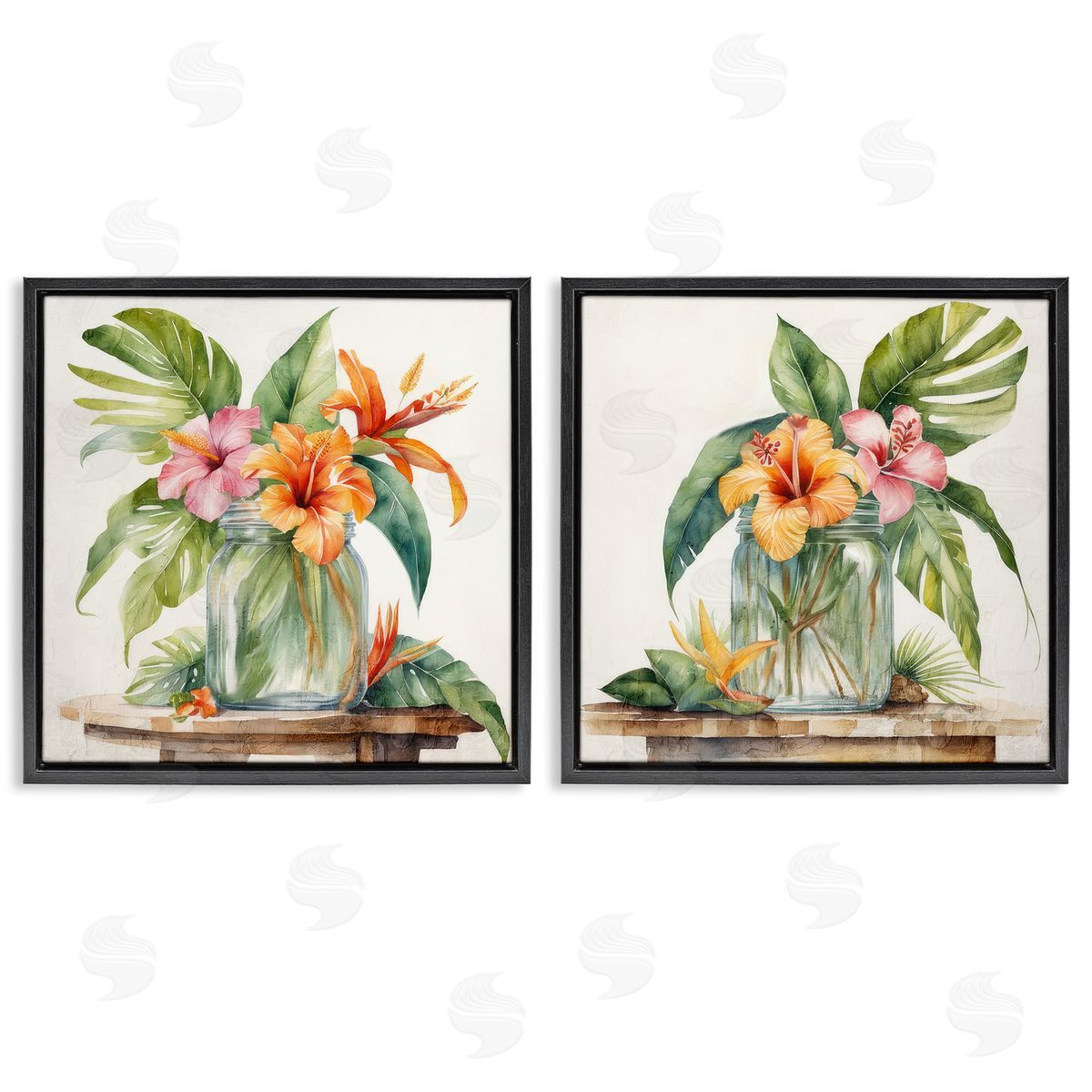Kim Allen Tropical Hibiscus Floral Jar Black Floating Frame Canvas Wall Art Print