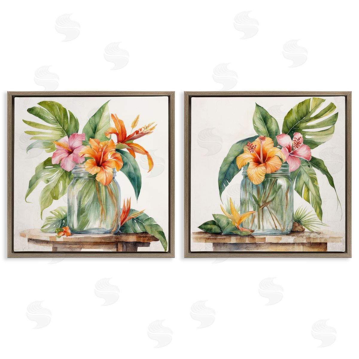 Kim Allen Tropical Hibiscus Floral Jar Brown Floating Frame Canvas Wall Art Print