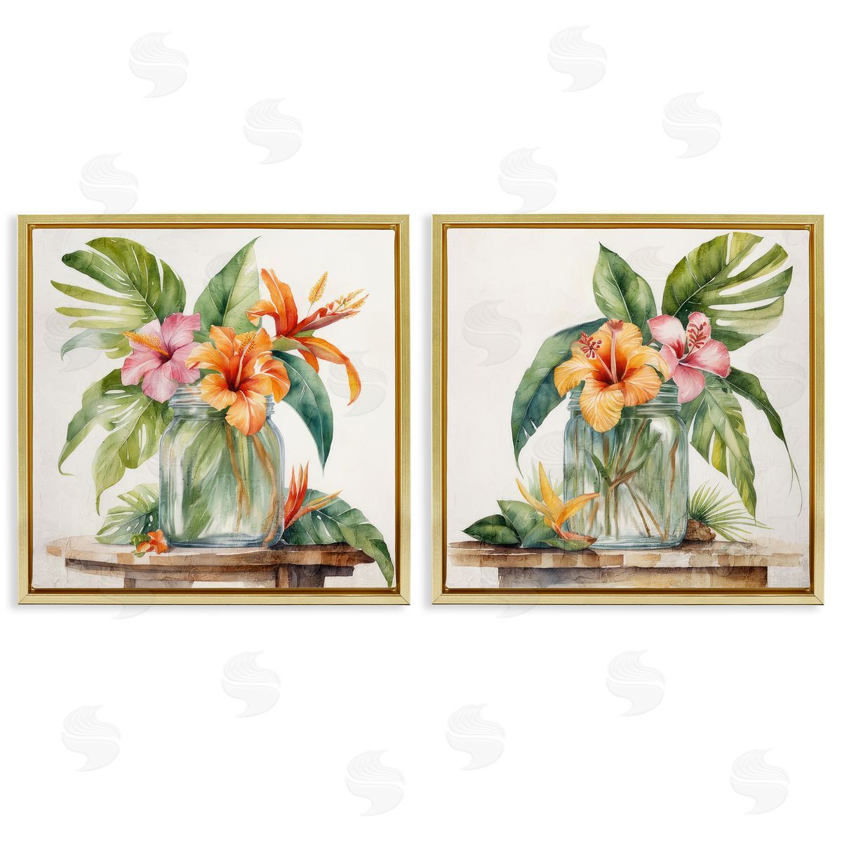 Kim Allen Tropical Hibiscus Floral Jar Gold Floating Frame Canvas Wall Art Print
