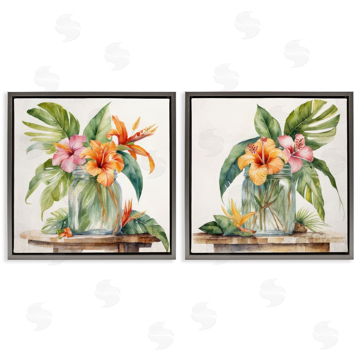 Kim Allen Tropical Hibiscus Floral Jar Gray Floating Frame Canvas Wall Art Print