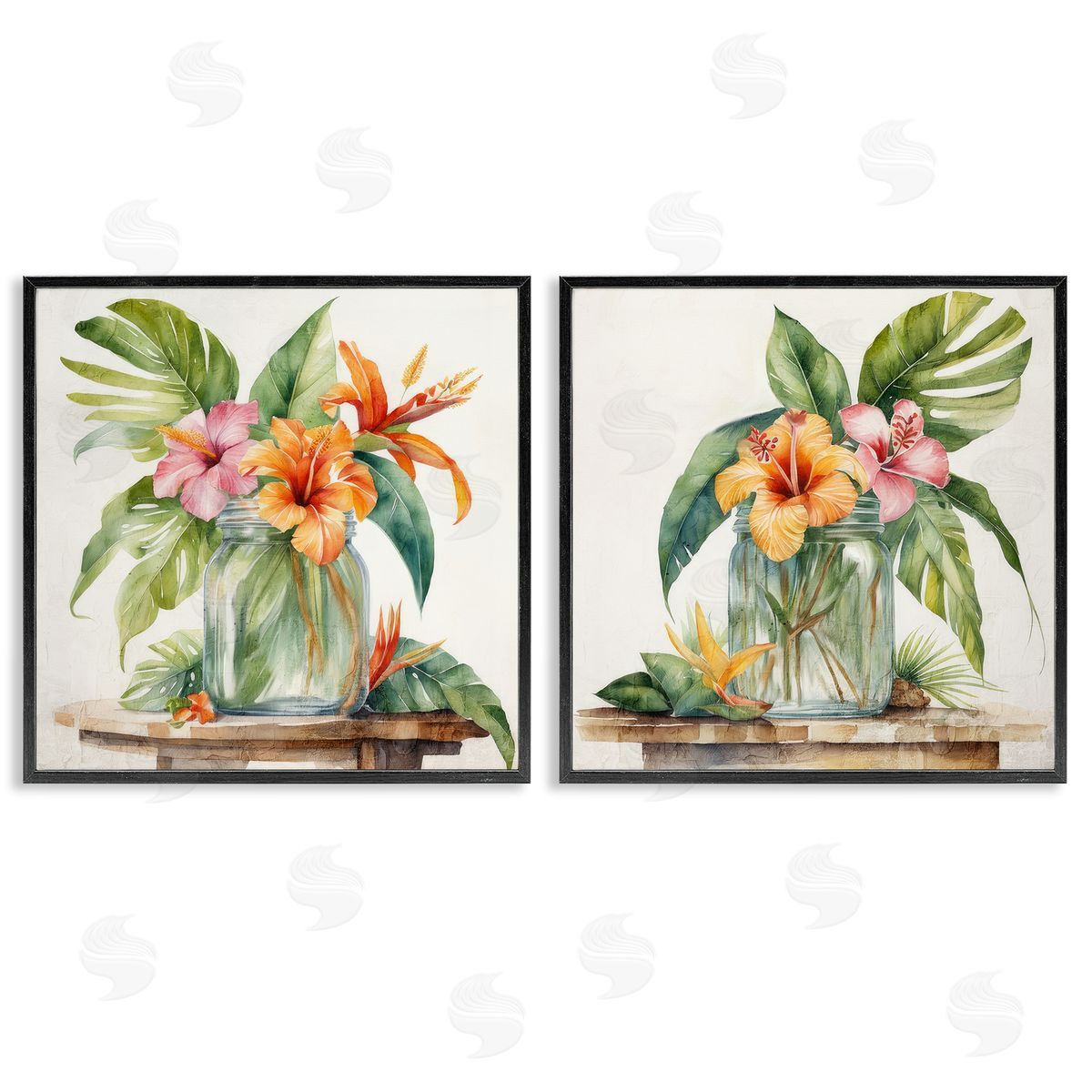Kim Allen Tropical Hibiscus Floral Jar Black Framed Giclee Wall Art Print
