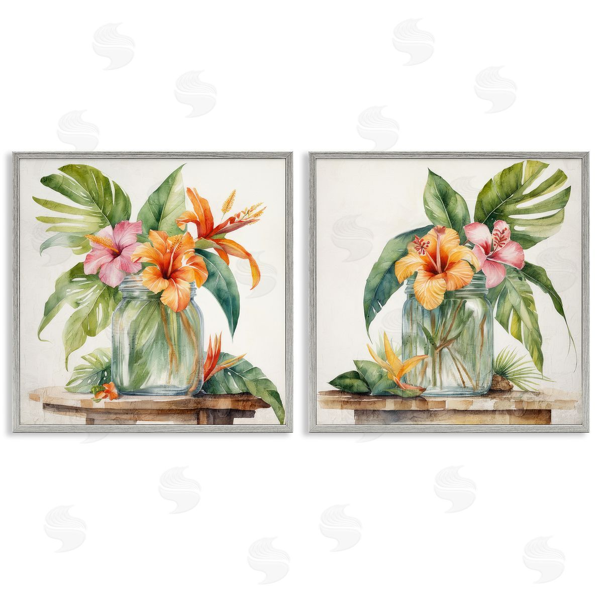 Kim Allen Tropical Hibiscus Floral Jar Gray Framed Giclee Wall Art Print