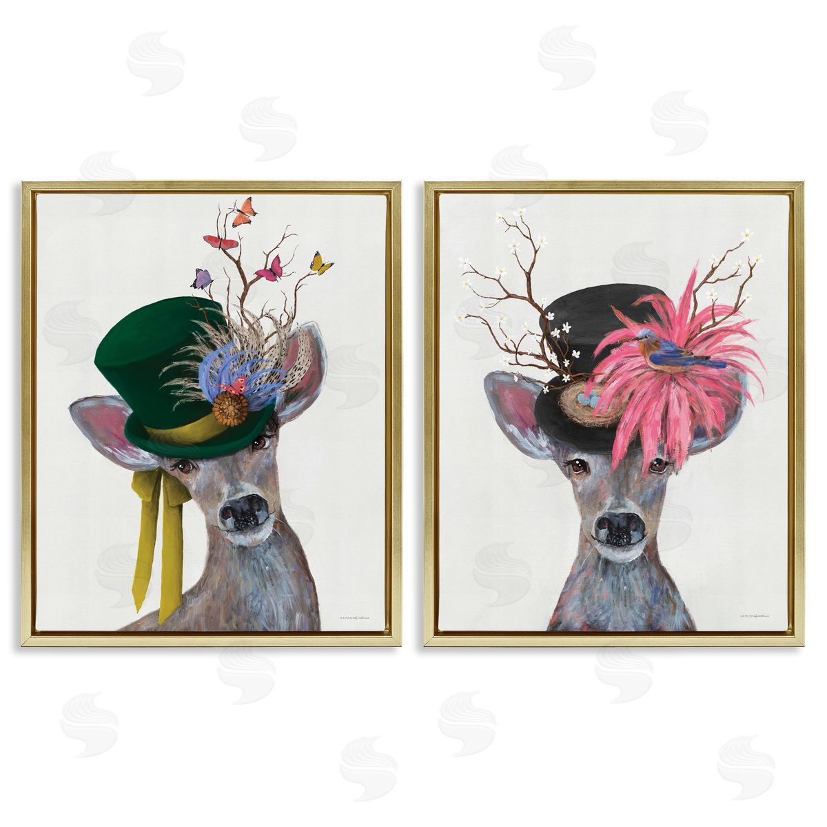 Kamdon Kreations Dapper Deer Floral Top Hat  Gold Floating Frame Canvas Wall Art Print