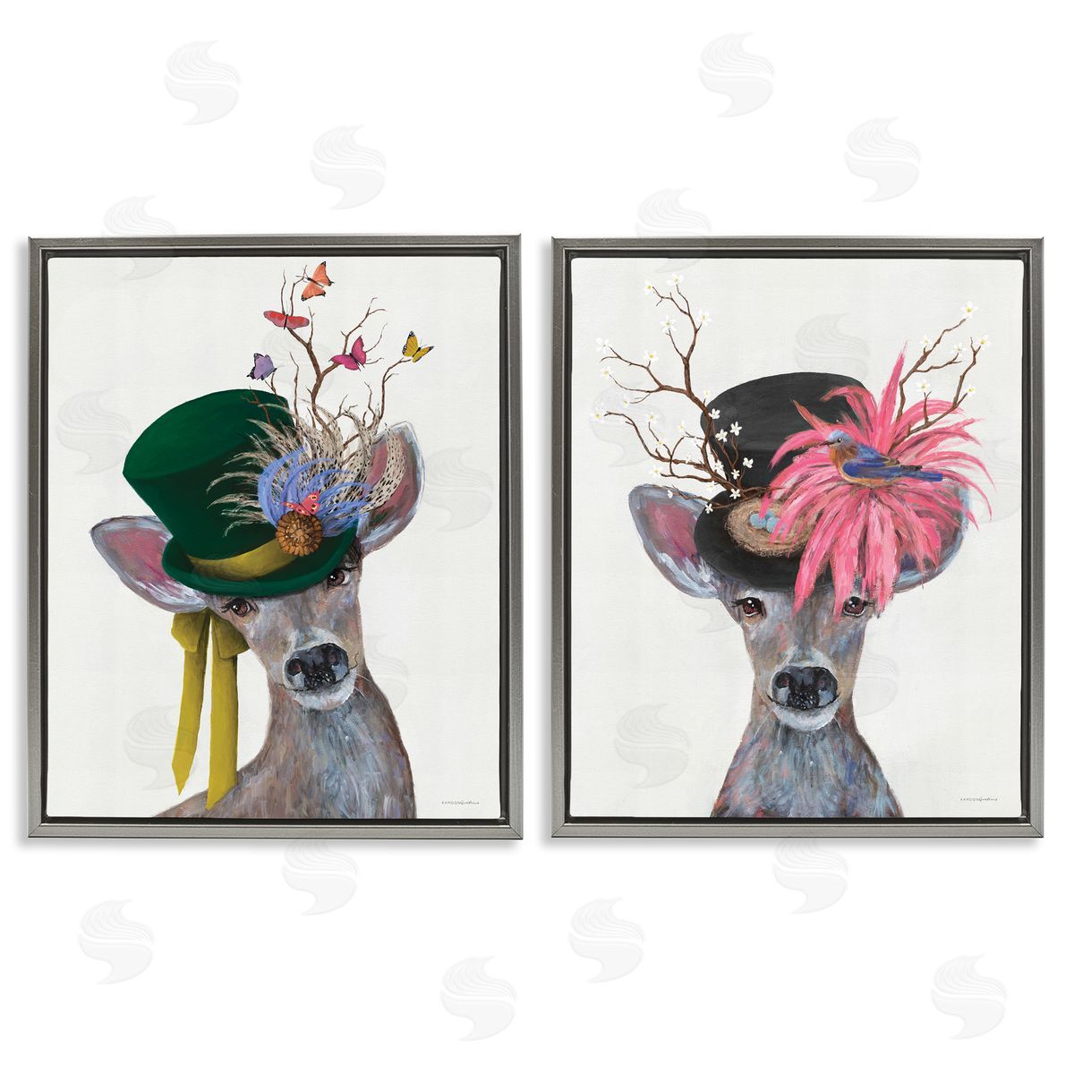 Kamdon Kreations Dapper Deer Floral Top Hat  Gray Floating Frame Canvas Wall Art Print