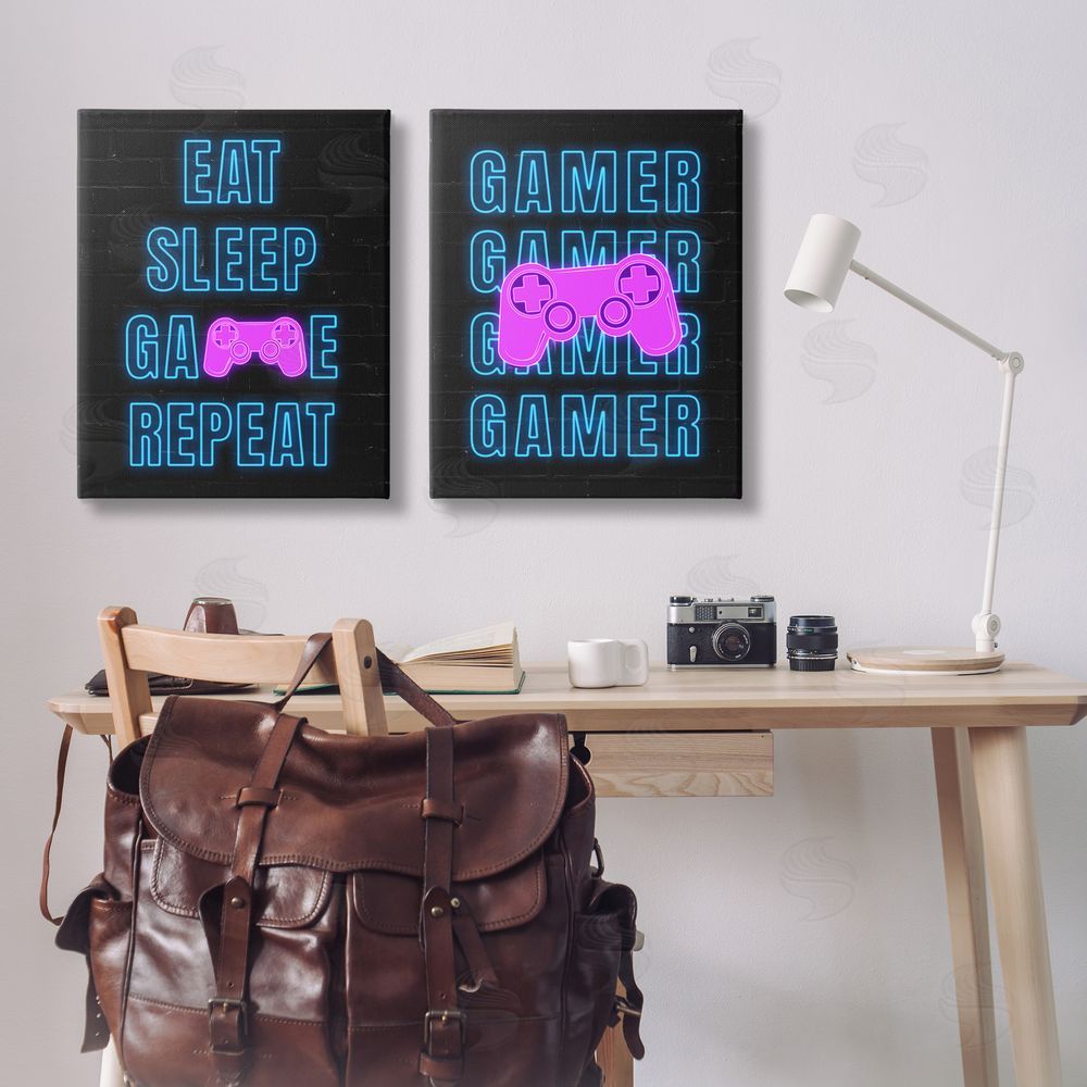 Nina Blue Neon Gamer Eat Sleep Canvas Wall Art Print in Room