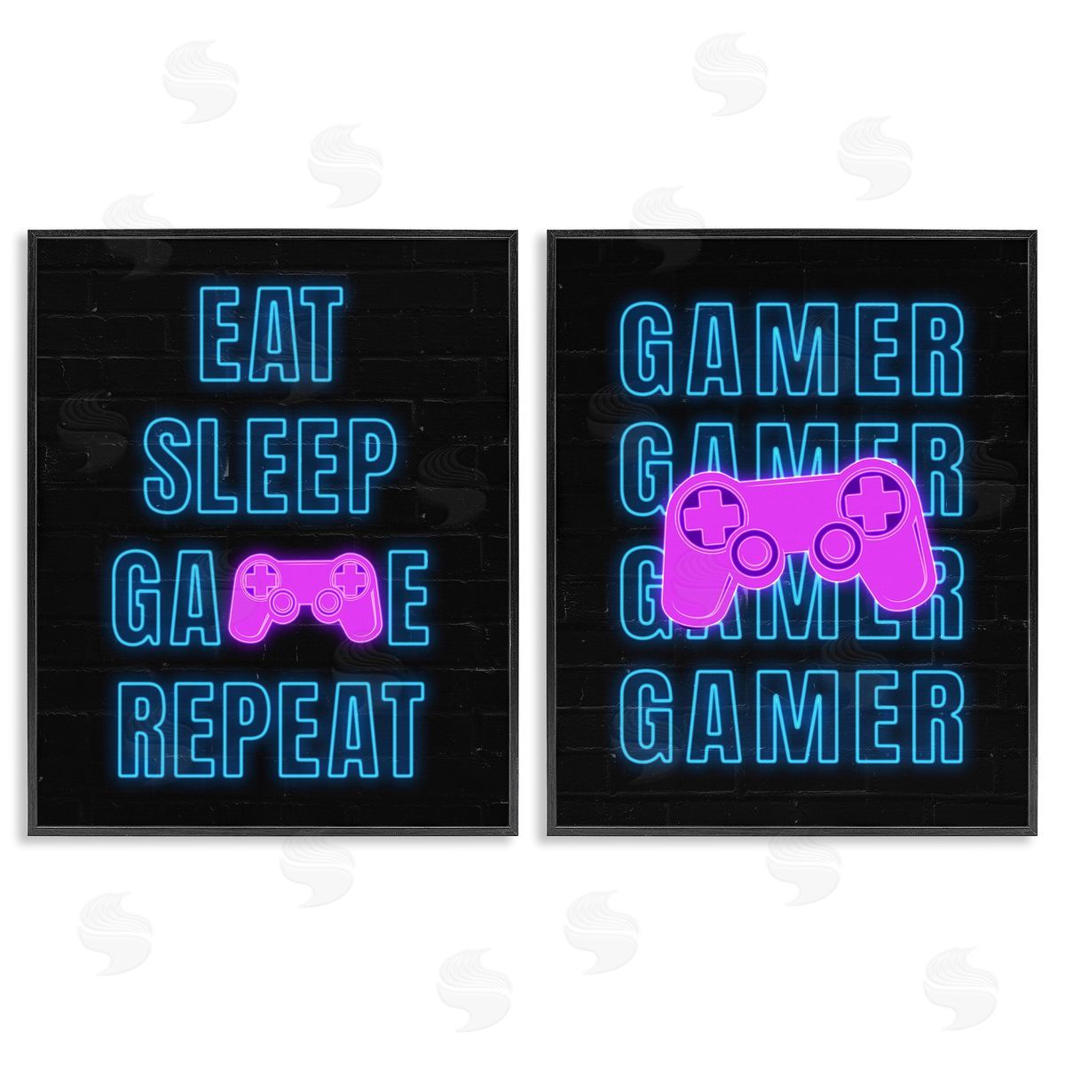 Nina Blue Neon Gamer Eat Sleep Black Framed Giclee Wall Art Print