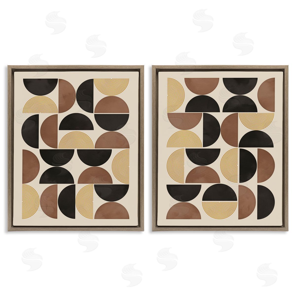 Nina Blue Midcentury Geometric Semicircles Brown Floating Frame Canvas Wall Art Print