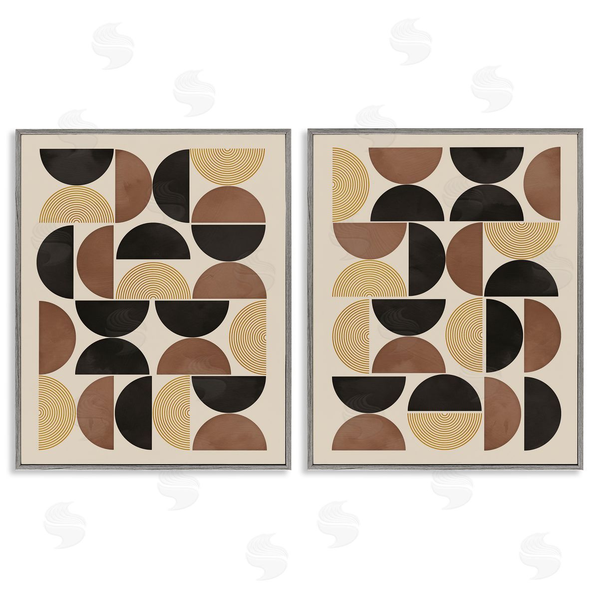 Nina Blue Midcentury Geometric Semicircles Gray Framed Giclee Wall Art Print