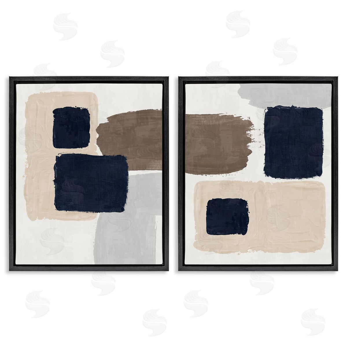 Nina Blue Navy Brown Blocked Black Floating Frame Canvas Wall Art Print