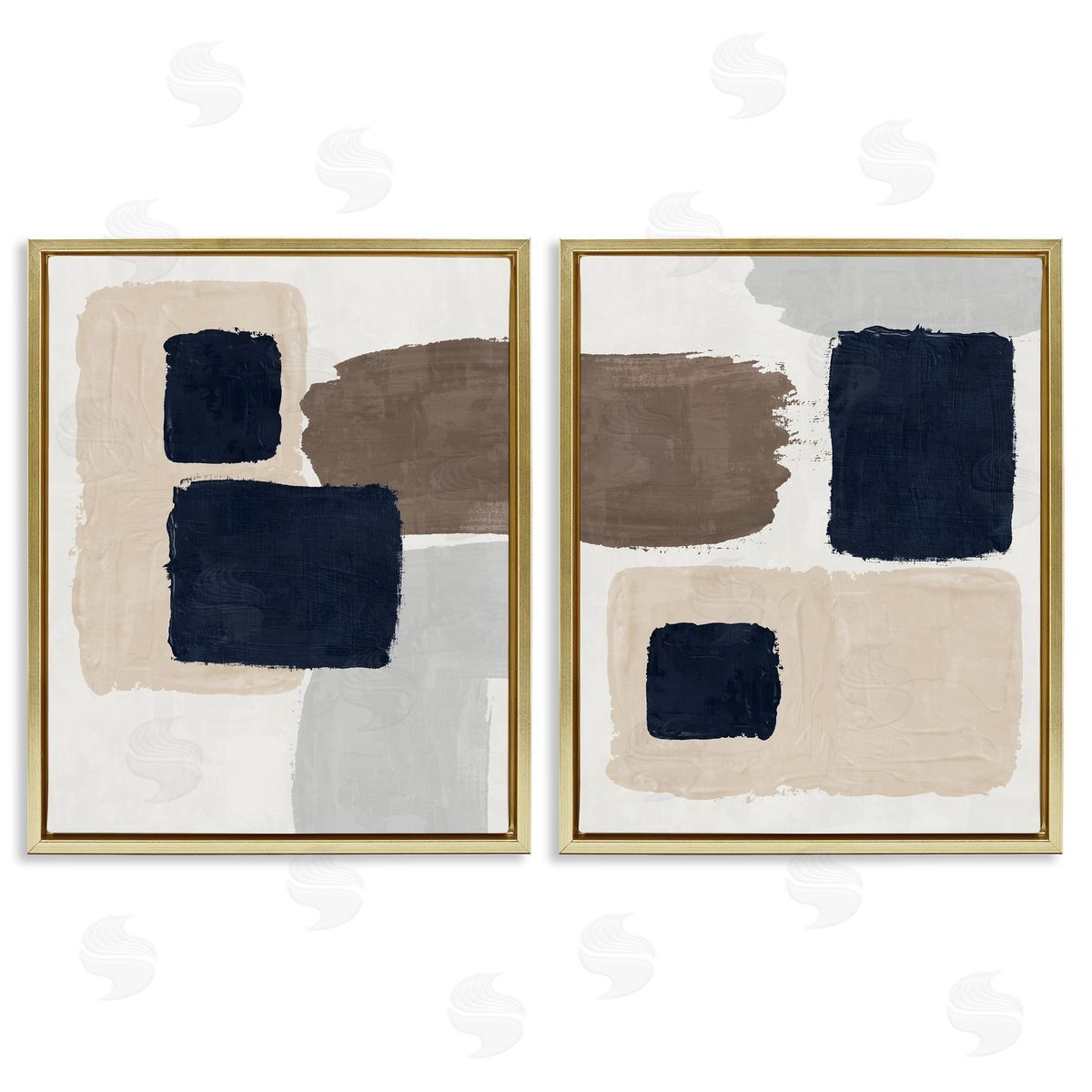 Nina Blue Navy Brown Blocked Gold Floating Frame Canvas Wall Art Print