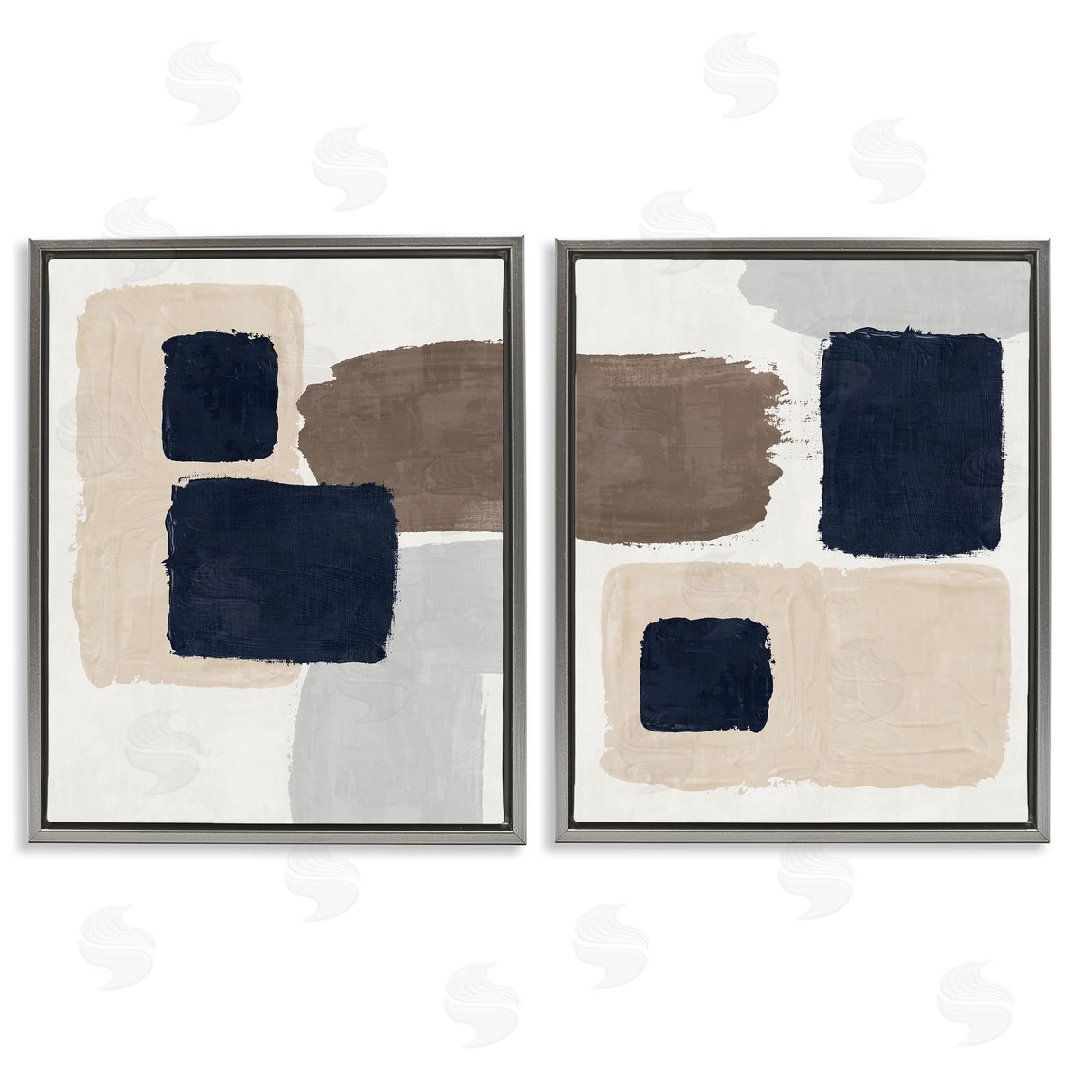 Nina Blue Navy Brown Blocked Gray Floating Frame Canvas Wall Art Print