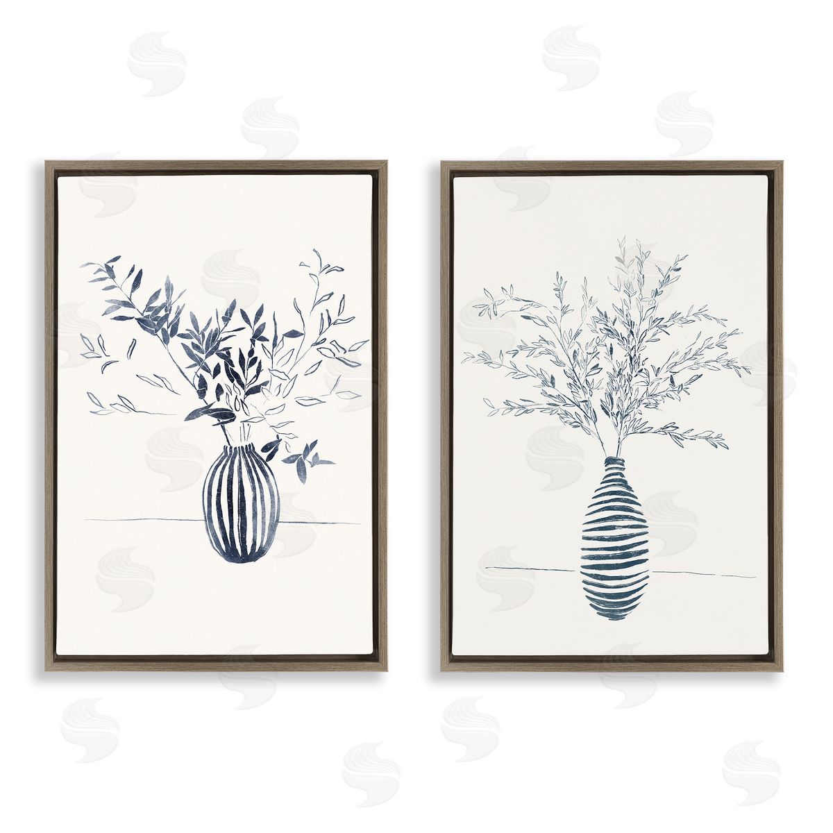 Yuyu Pont Striped Floral Table Vase Brown Floating Frame Canvas Wall Art Print