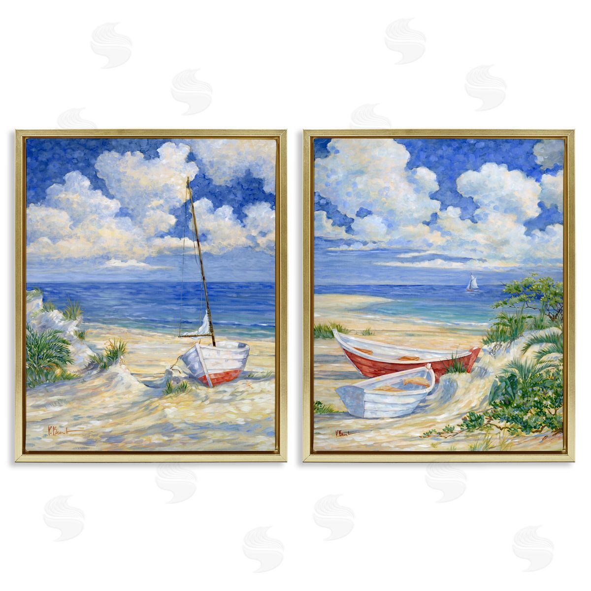 Paul Brent Row Boat on Sandy Beach Gold Floating Frame Canvas Wall Art Print