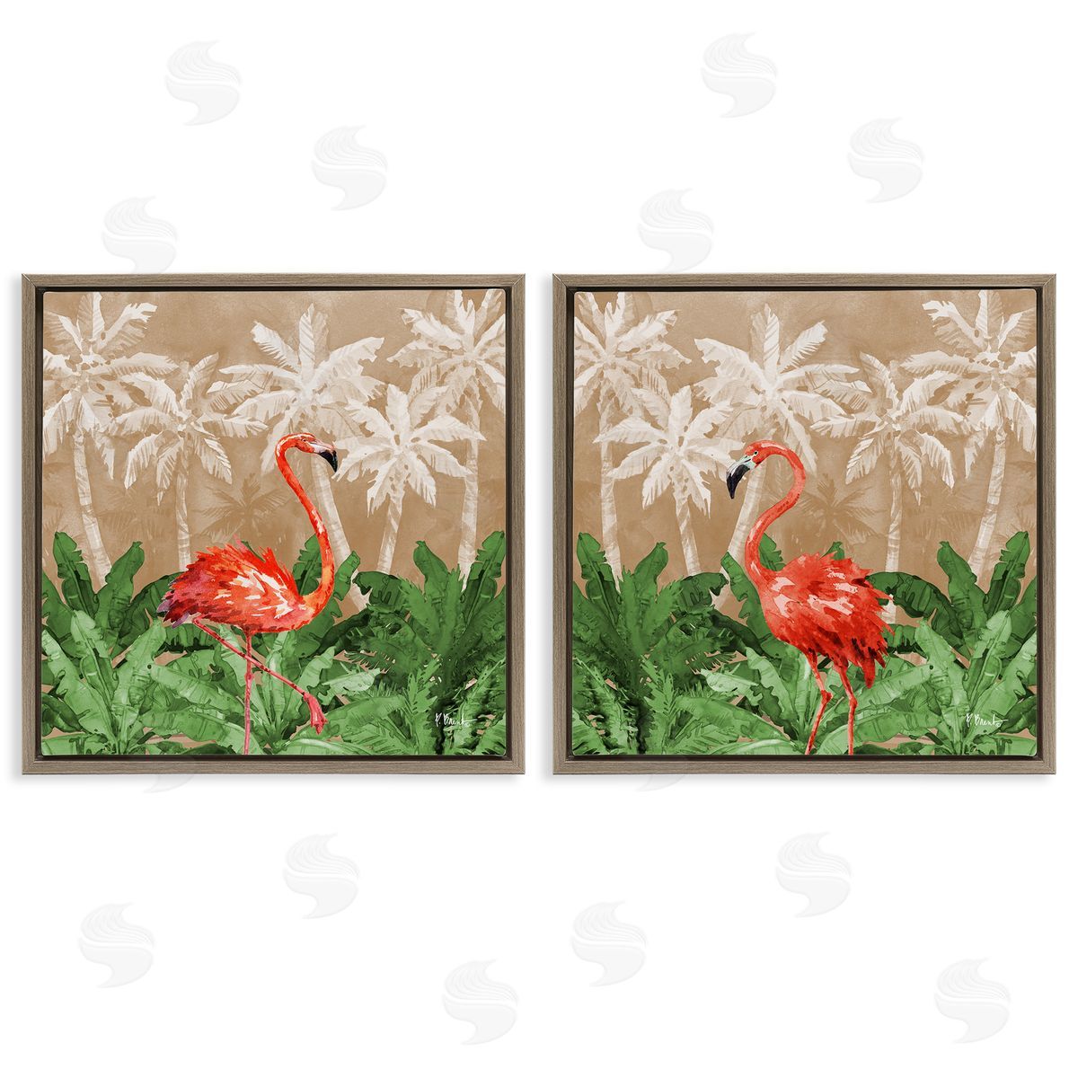 Paul Brent Flamingoes in the Jungle  Brown Floating Frame Canvas Wall Art Print