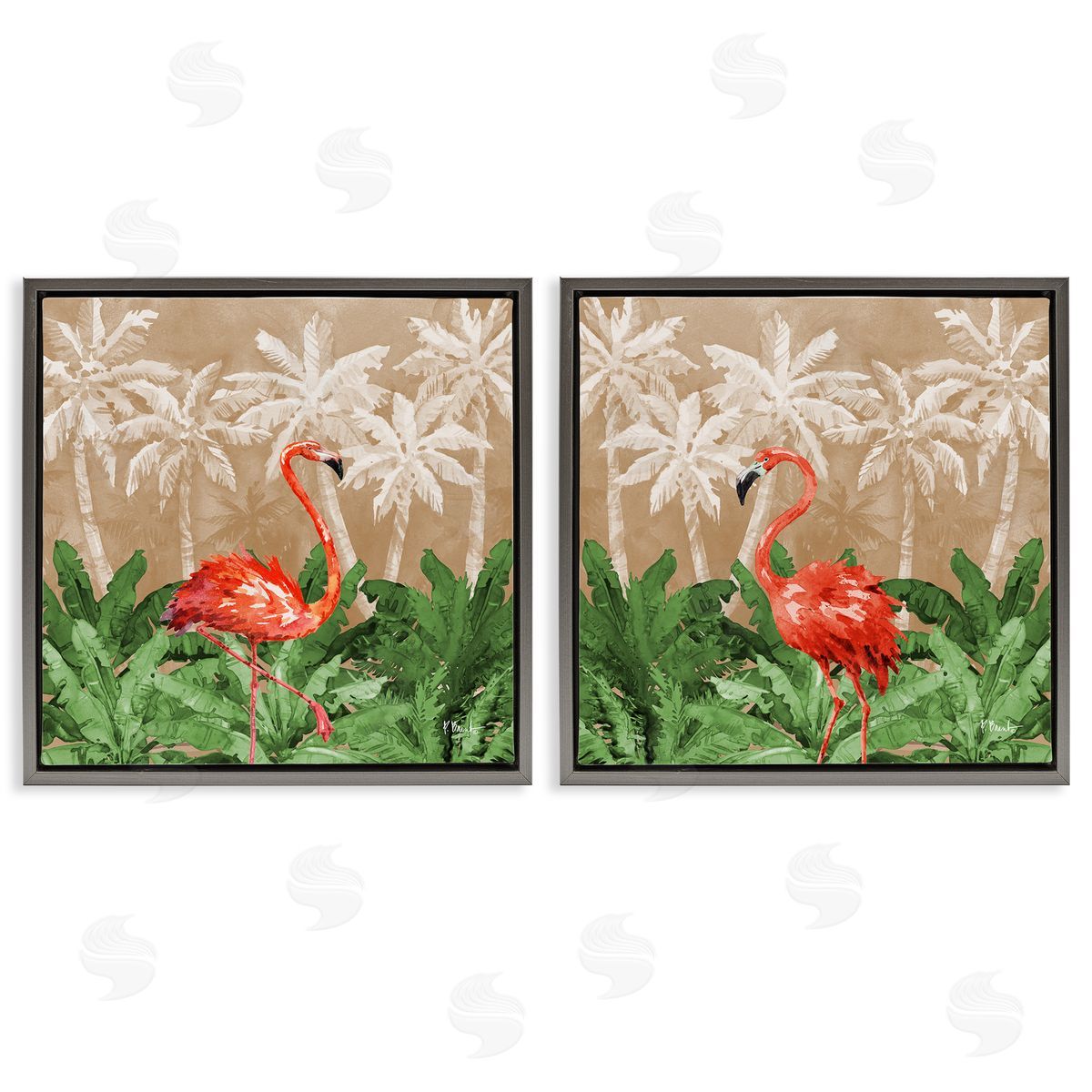 Paul Brent Flamingoes in the Jungle  Gray Floating Frame Canvas Wall Art Print