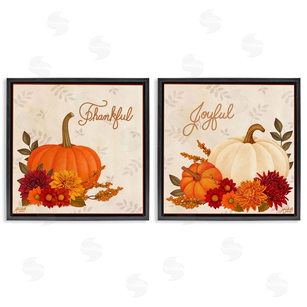 Joyful Thankful Sentiment Pumpkin Black Floating Frame Canvas Wall Art, Home Decor by Mardell Schuster