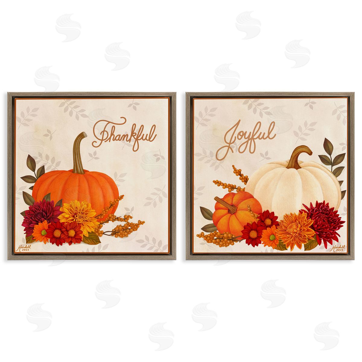 Joyful Thankful Sentiment Pumpkin Brown Floating Frame Canvas Wall Art, Home Decor by Mardell Schuster