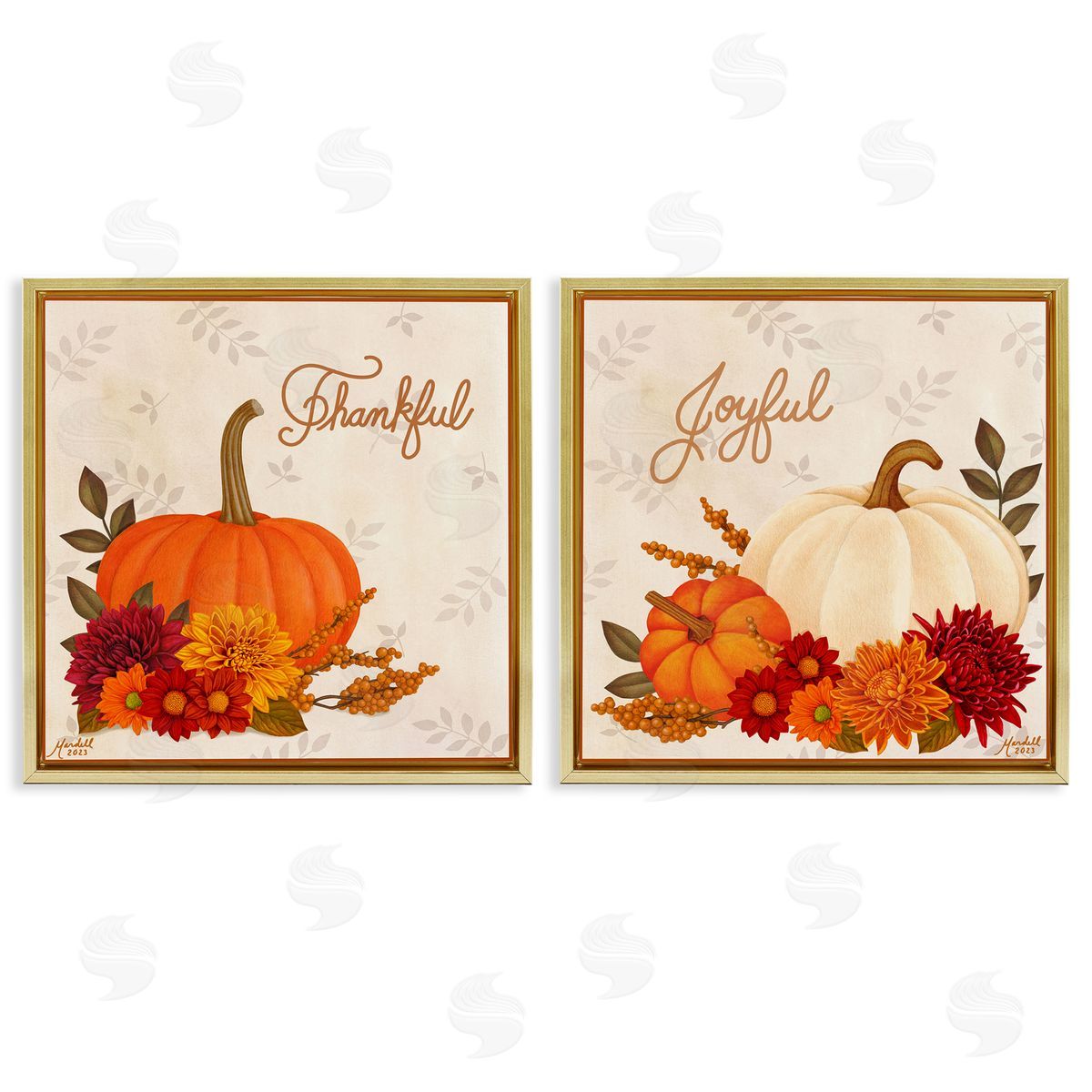Joyful Thankful Sentiment Pumpkin Gold Floating Frame Canvas Wall Art, Home Decor by Mardell Schuster