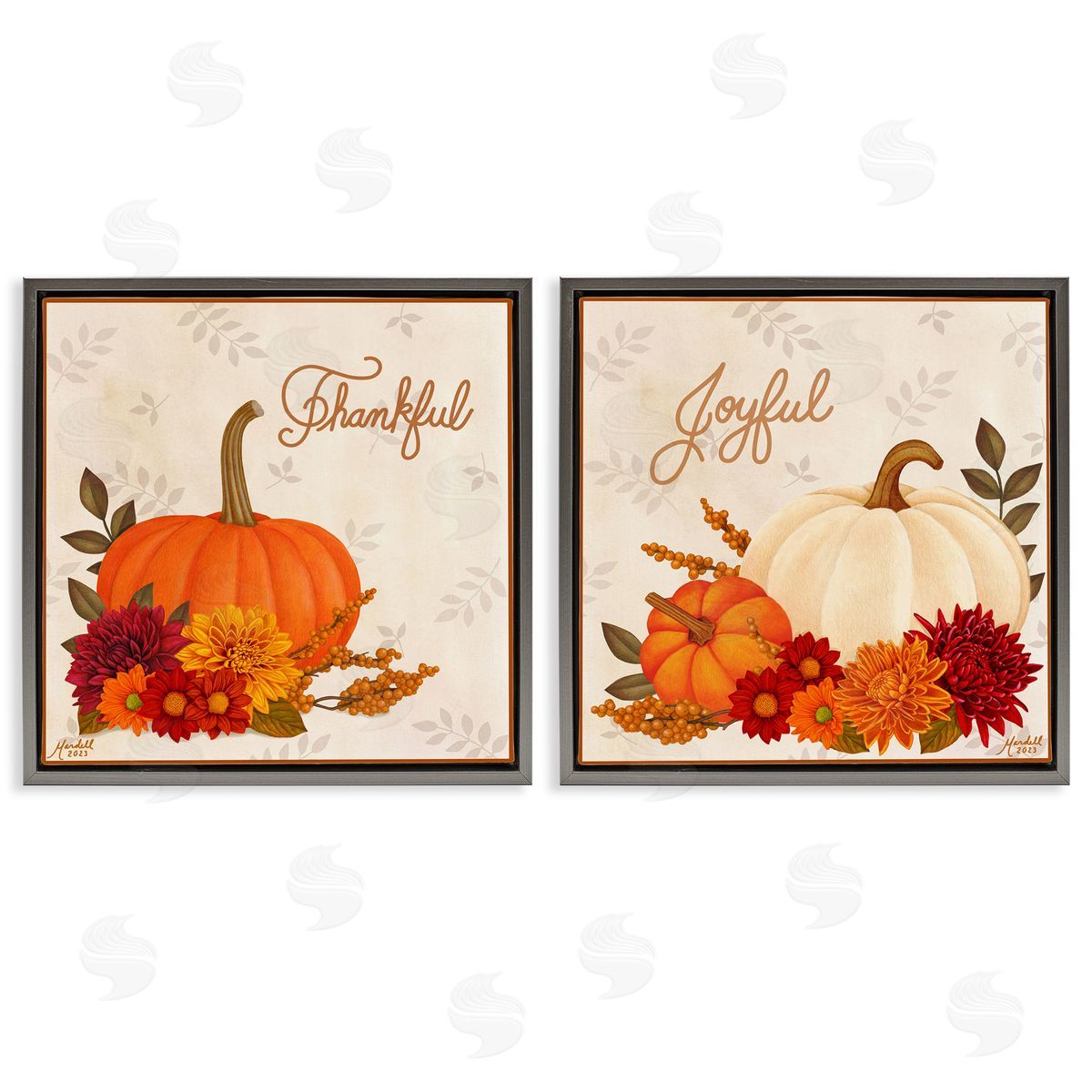 Joyful Thankful Sentiment Pumpkin Grey Floating Frame Canvas Wall Art, Home Decor by Mardell Schuster
