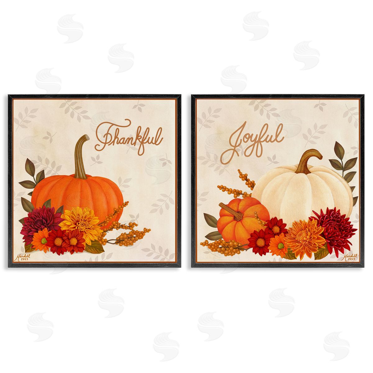 Joyful Thankful Sentiment Pumpkin Black Frame Print Wall Art, Home Decor by Mardell Schuster