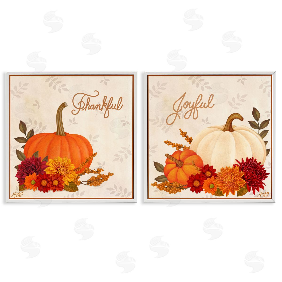 Joyful Thankful Sentiment Pumpkin White Frame Print Wall Art, Home Decor by Mardell Schuster