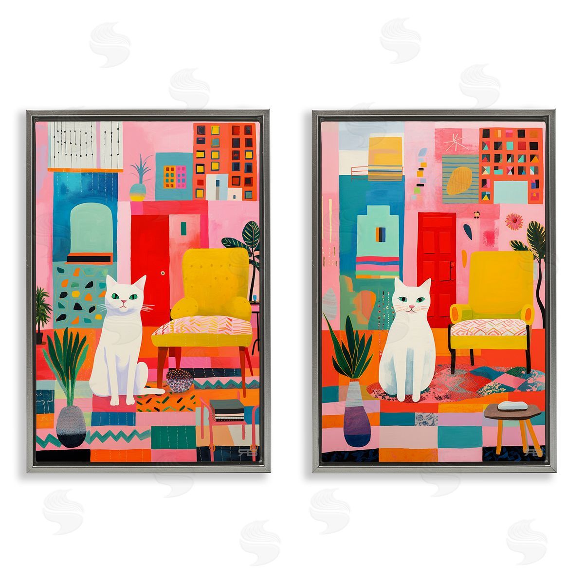 RB Bright Room Sitting Cat Gray Floating Frame Canvas Wall Art Print