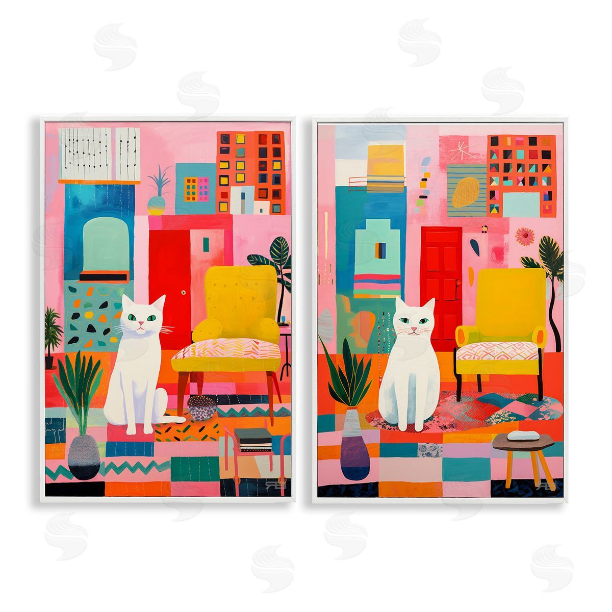 RB Bright Room Sitting Cat White Framed Giclee Wall Art Print