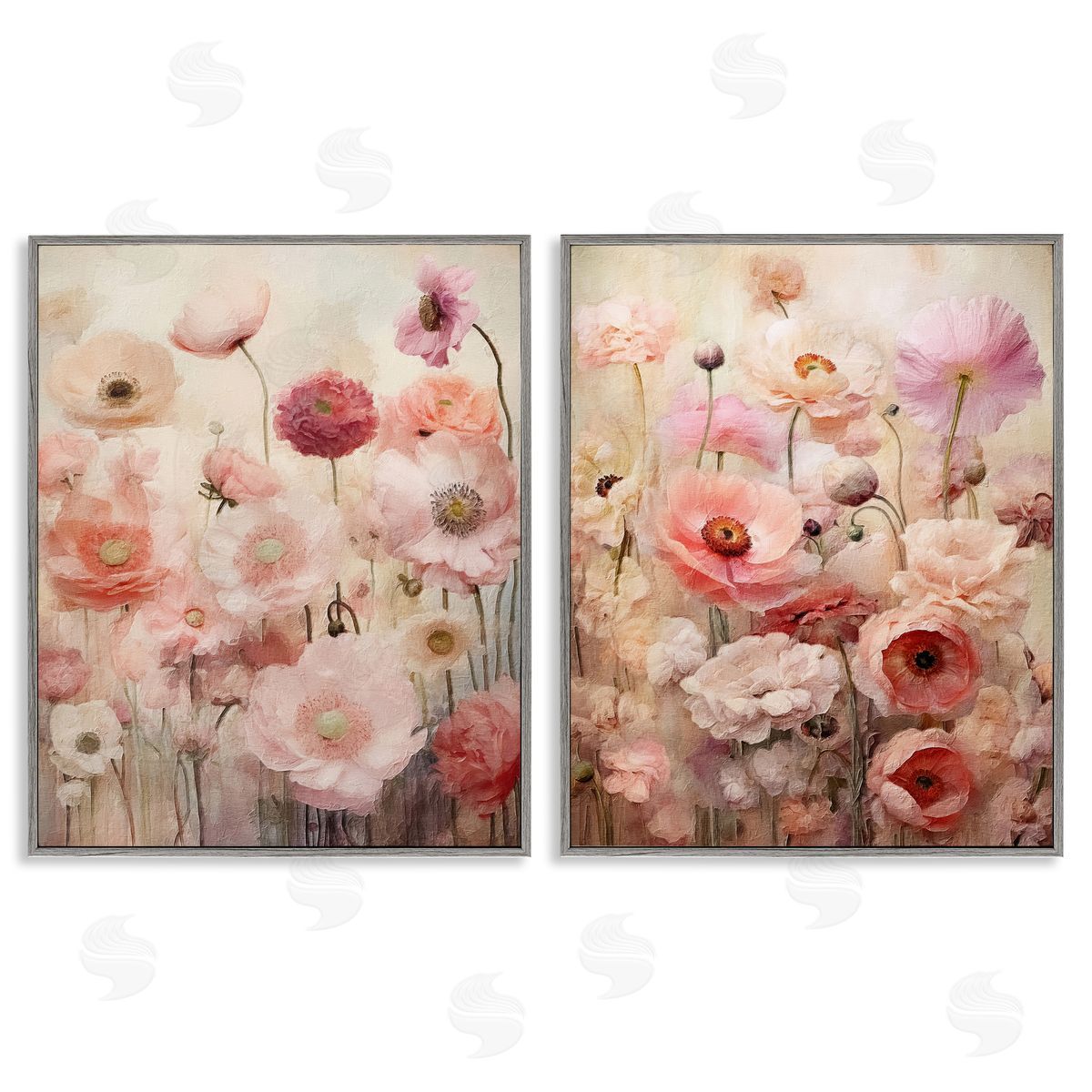 Riley B Pink Blush Floral Field  Gray Framed Giclee Wall Art Print