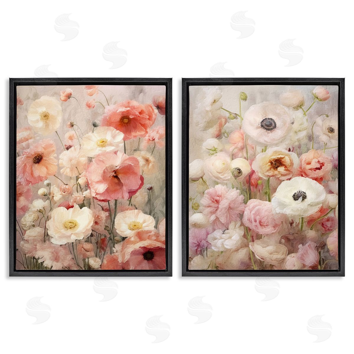 Riley B Blush Floral Flowers Black Floating Frame Canvas Wall Art Print