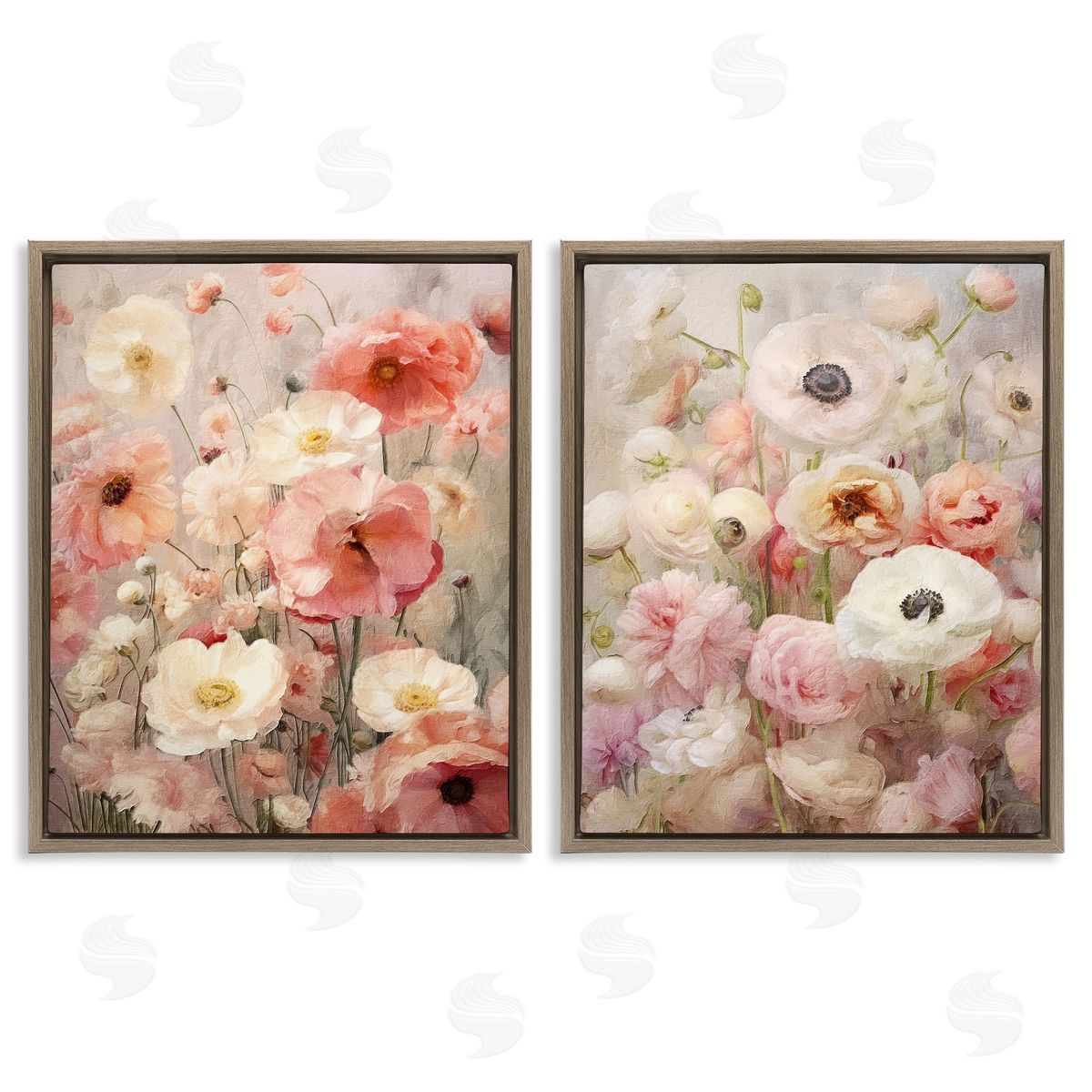 Riley B Blush Floral Flowers Brown Floating Frame Canvas Wall Art Print