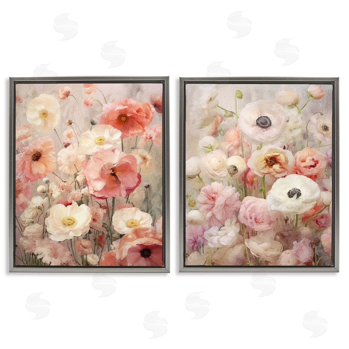 Riley B Blush Floral Flowers Gray Floating Frame Canvas Wall Art Print