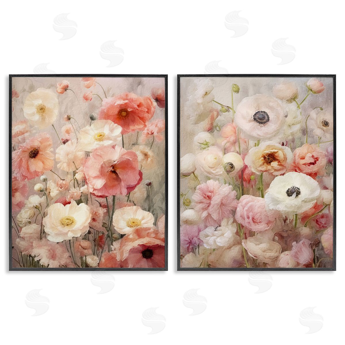 Riley B Blush Floral Flowers Black Framed Giclee Wall Art Print